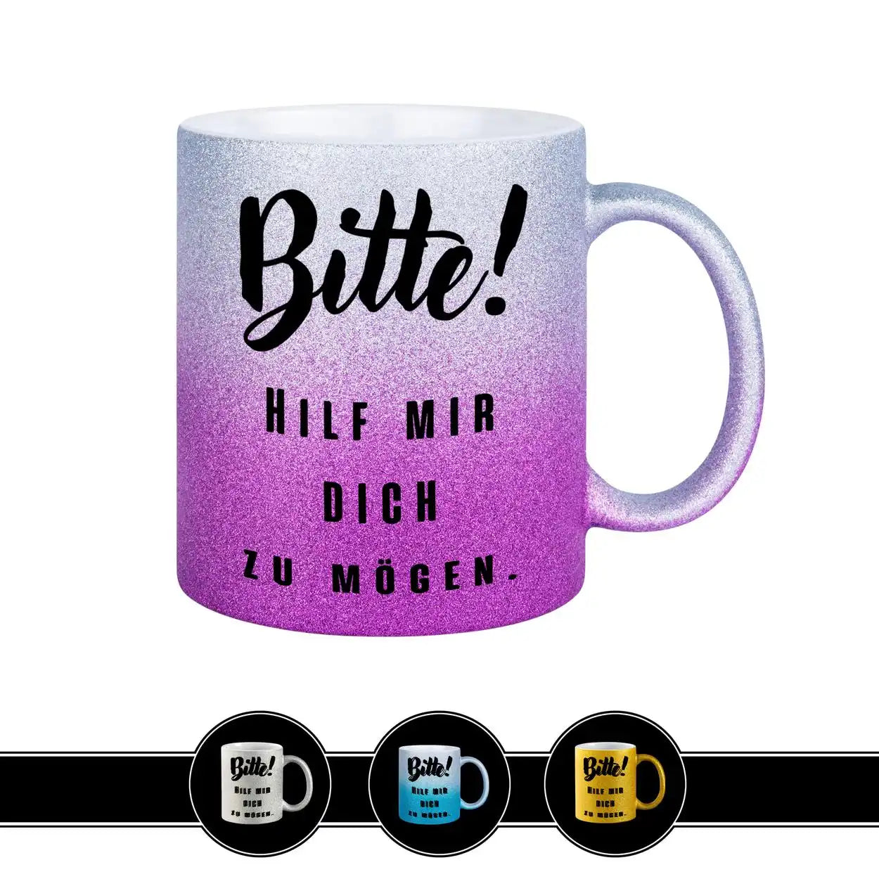 Glitzertasse - Bitte! Hilf mir Dich zu mögen Lila Geschenkidee Weihnachten