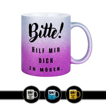 Glitzertasse - Bitte! Hilf mir Dich zu mögen Lila Geschenkidee Weihnachten