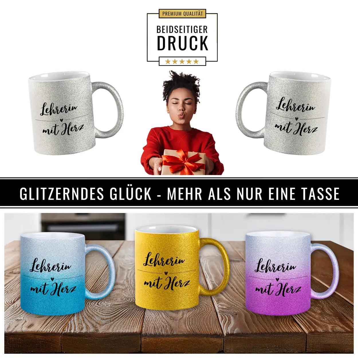 Glitzertasse - Lehrerin mit Herz Geschenke