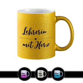 Glitzertasse - Lehrerin mit Herz Gold Geschenke