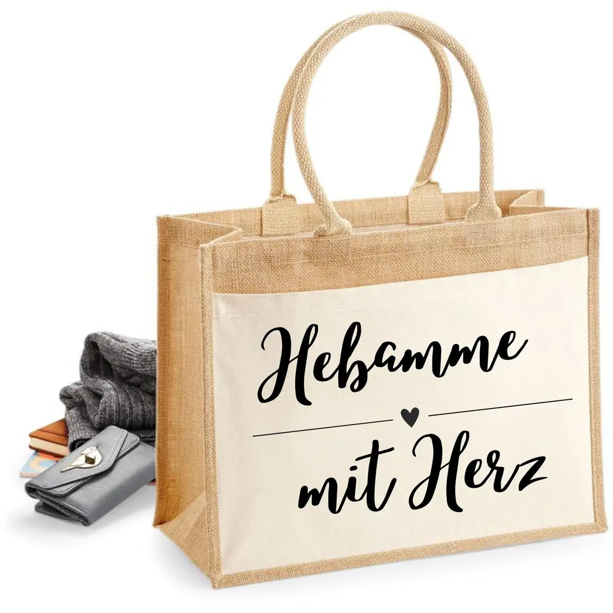 Jutetasche Hebamme mit Herz Geschenke