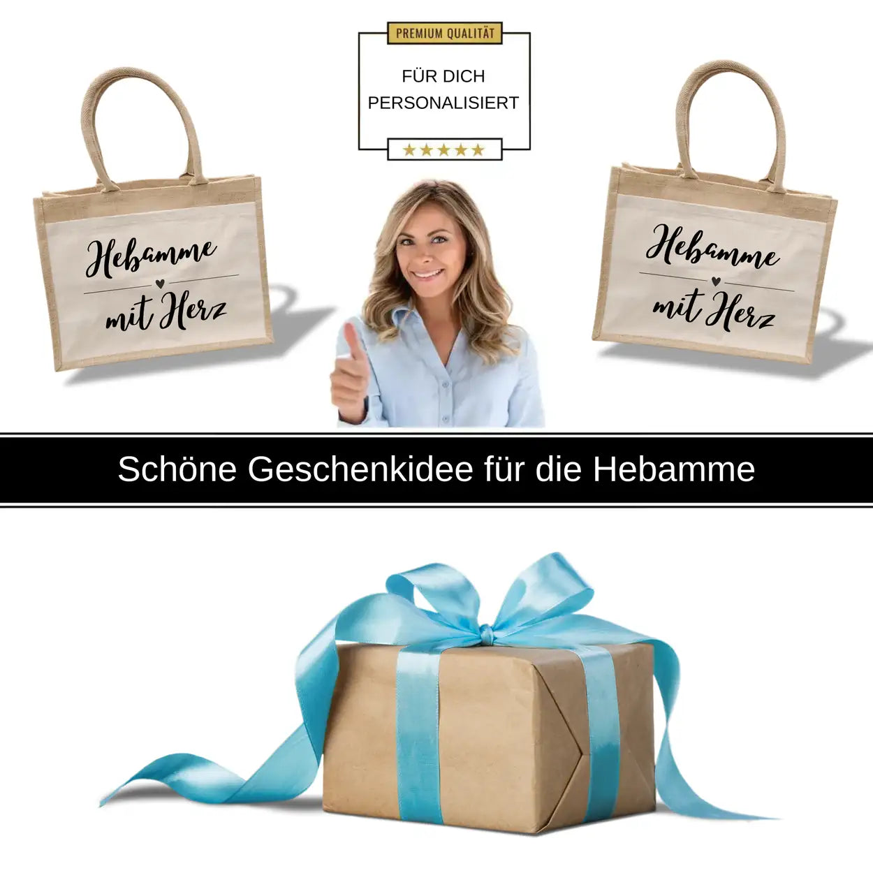 Jutetasche Hebamme mit Herz Geschenke