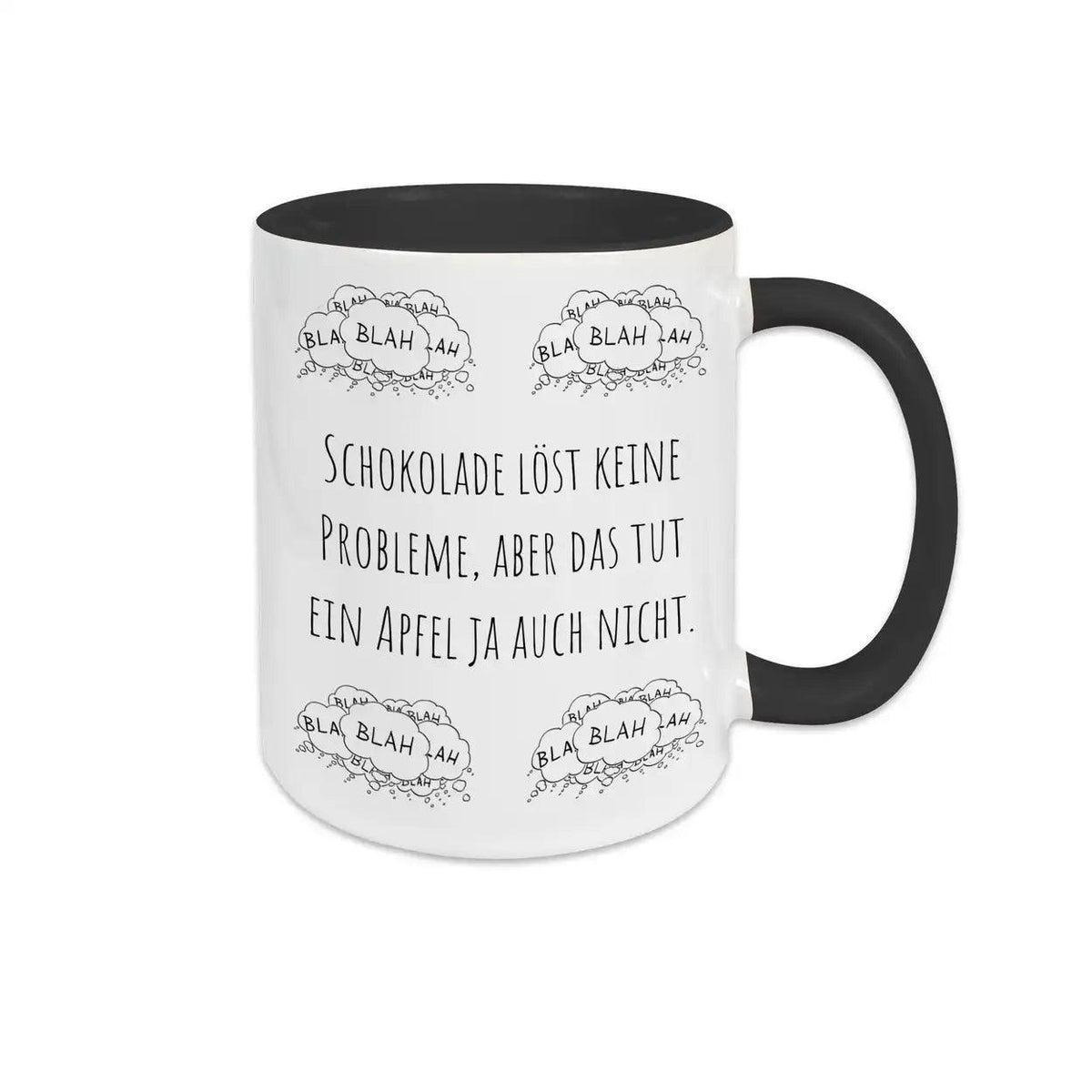 Kaffeebecher "Schokolade löst keine Probleme, aber das tut ein Apfel ja auch nicht" blah blah blah - Druckerino