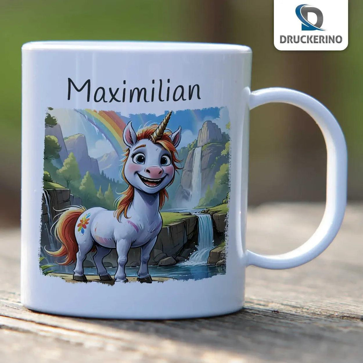 Kindertasse mit Namen | Abenteuer-Einhorn - Druckerino