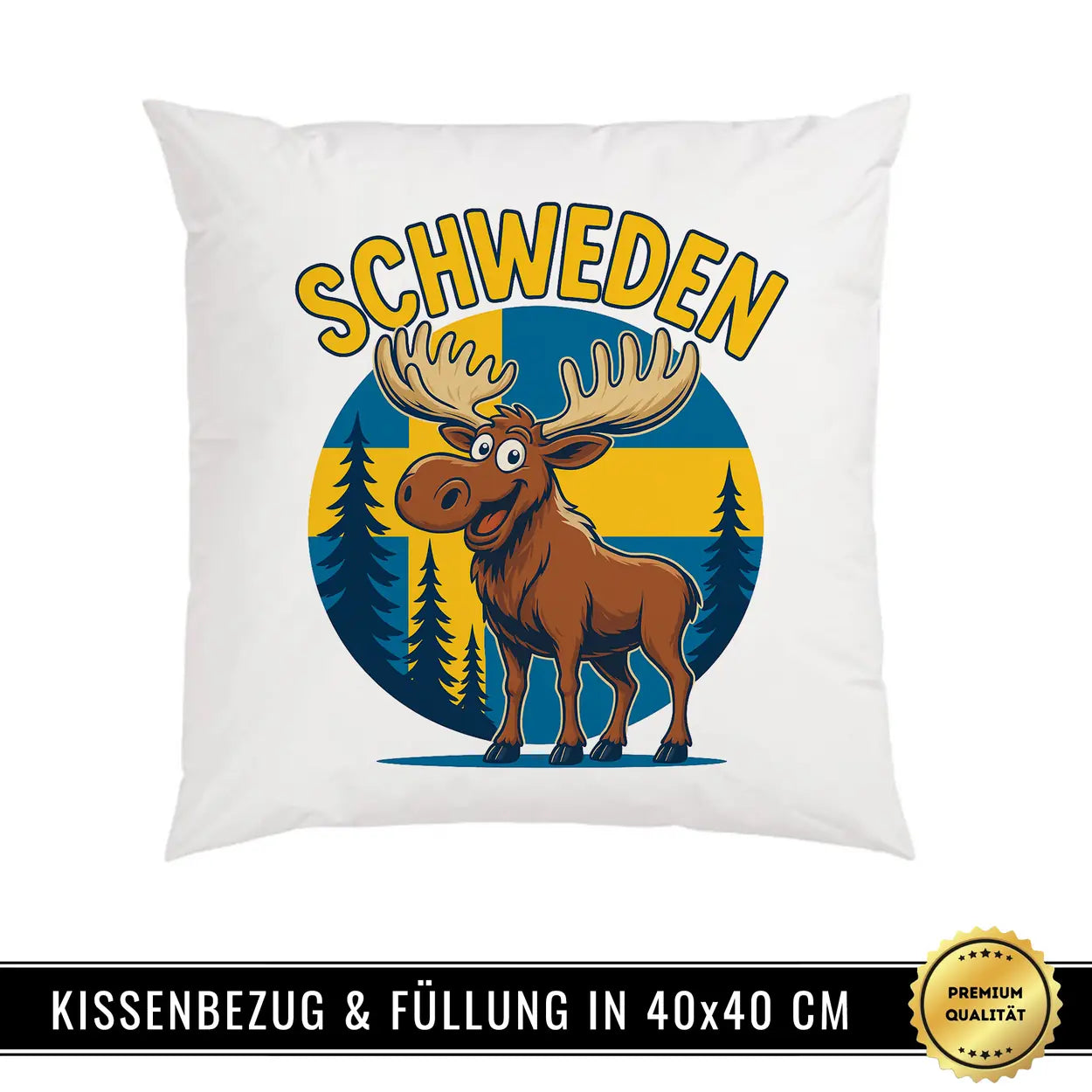 Schweden Kissen 40x40 cm mit Elch Motiv – brillanter Druck, inklusive Füllung, Geschenkidee Weihnachten