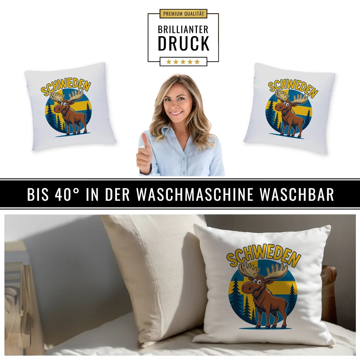Lustiges Schweden Kissen mit Elch und Flagge, hochwertiger Druck, Geschenkidee Weihnachten von druckerino.de