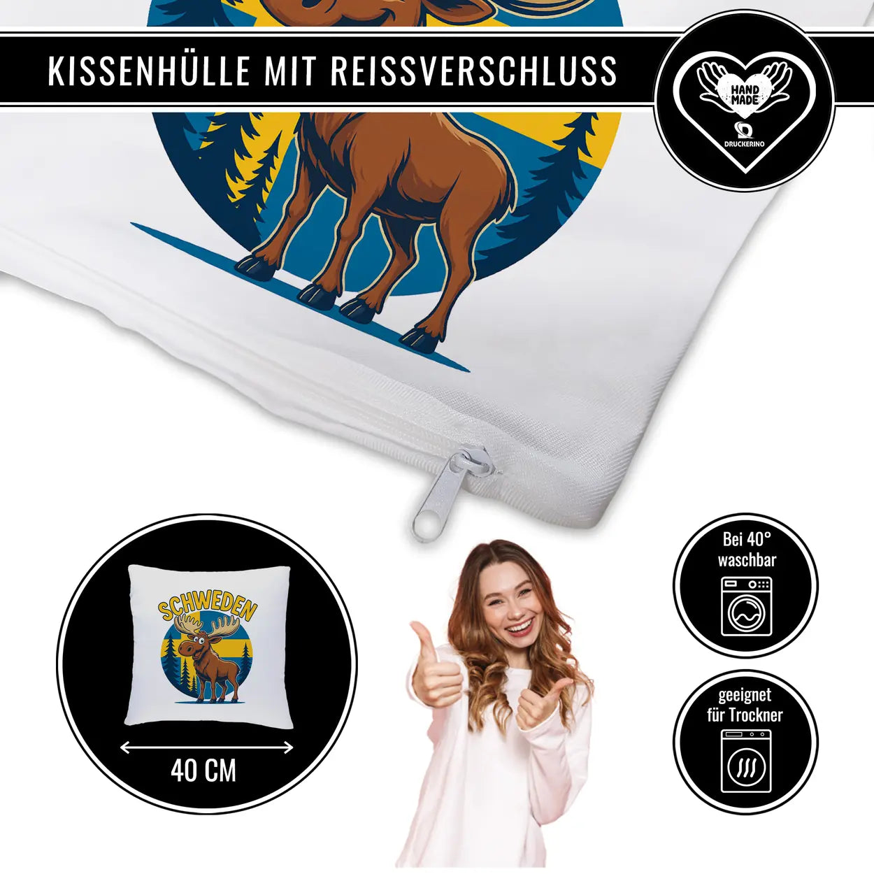 Kissen Schweden Elch Motiv mit Reißverschluss – handbedruckt, pflegeleicht und bei 40 Grad waschbar