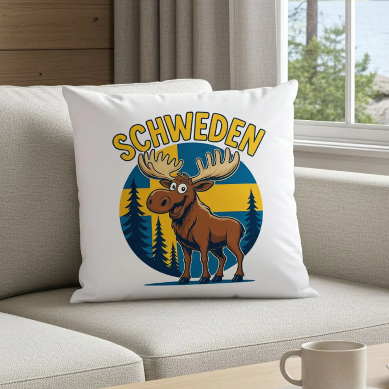 Schweden Kissen mit Elch Motiv vor schwedischer Flagge – Geschenkidee für Schwedenliebhaber von druckerino.de
