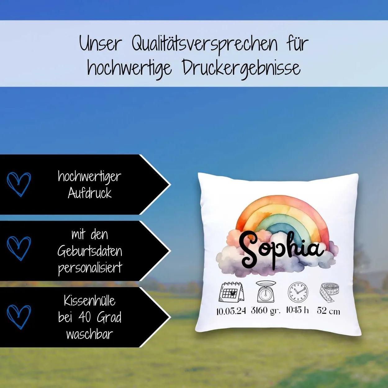 Kissen zur Geburt mit Geburtsdaten | Regenbogen - Druckerino