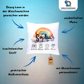 Kissen zur Geburt mit Geburtsdaten | Regenbogen - Druckerino