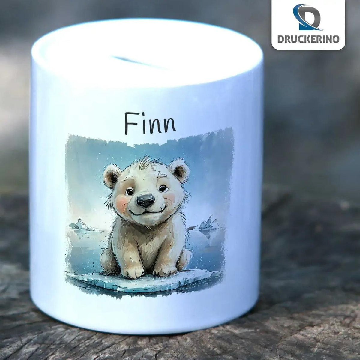 Spardose personalisiert Abenteuer-Eisbär - Druckerino