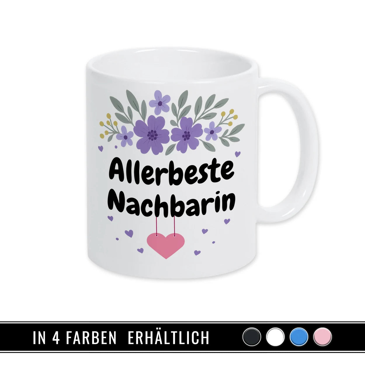 Kaffeetasse Allerbeste Nachbarin mit lila Blumen, Geschenkidee für Nachbarin von druckerino.de