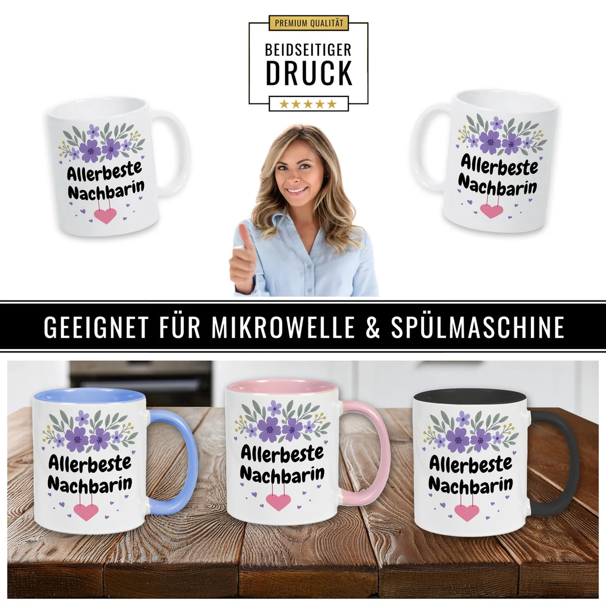 Tassen sind spülmaschinenfest und sind beidseitig bedruckt