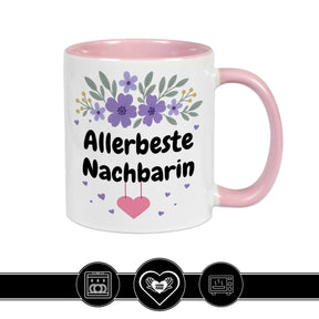 Rosa Tasse Allerbeste Nachbarin mit Blumen in Lila-Tönen, persönliche Geschenkidee von druckerino.de