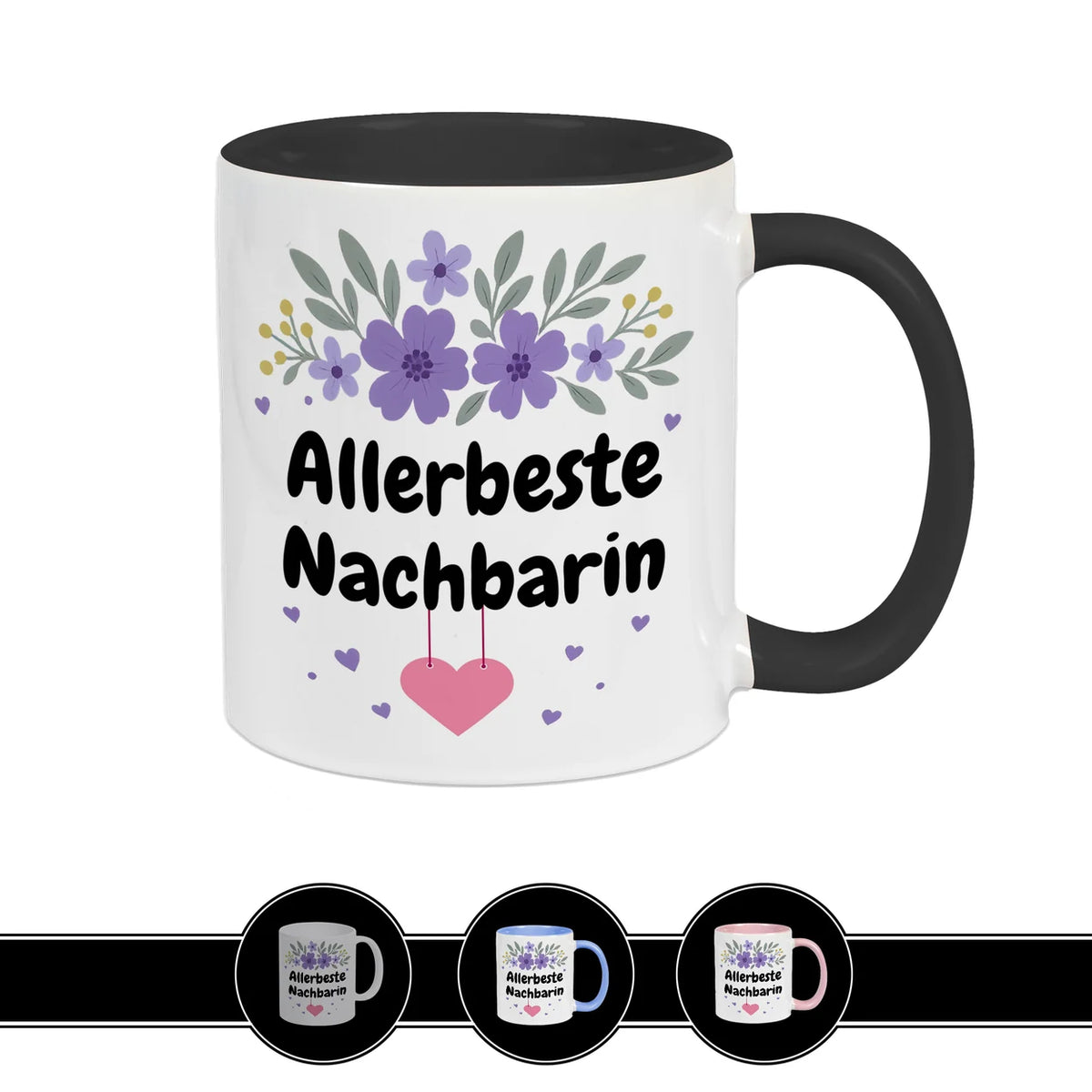 Schwarze Tasse Allerbeste Nachbarin mit Blumenmotiv in Lila, herzliches Geschenk von druckerino.de