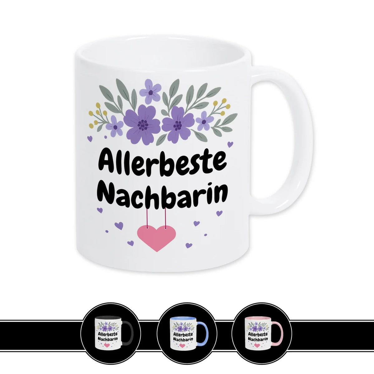Weiße Keramiktasse Allerbeste Nachbarin mit lila Blumen, Geschenkidee für Nachbarin von druckerino.de