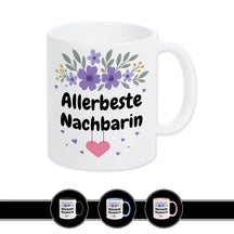 Weiße Keramiktasse Allerbeste Nachbarin mit lila Blumen, Geschenkidee für Nachbarin von druckerino.de