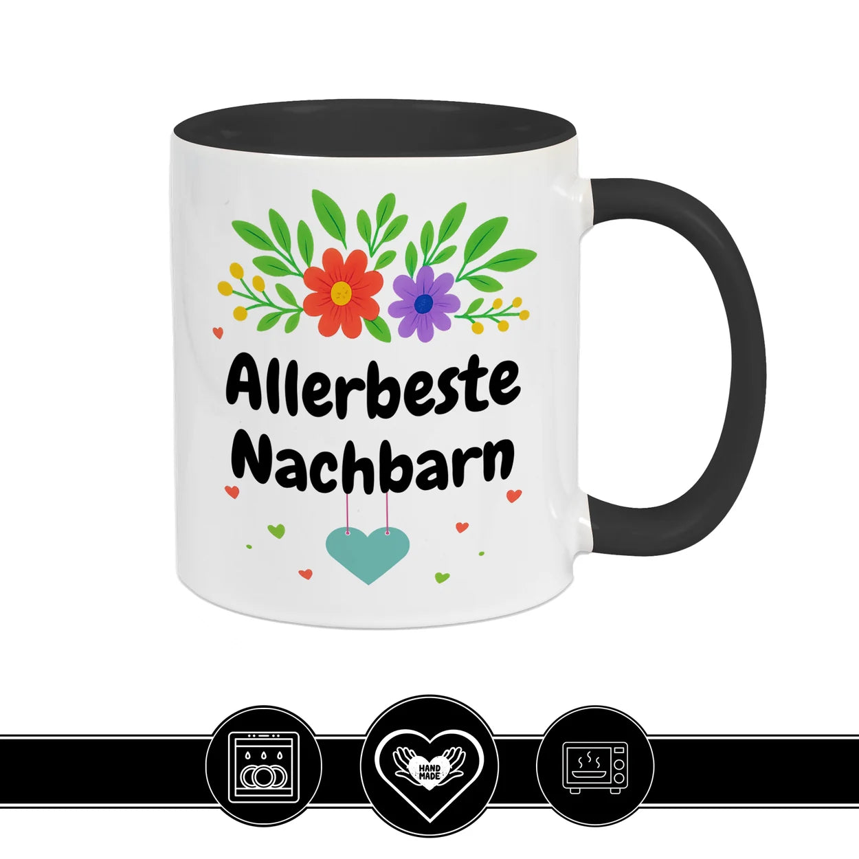 Schwarze Kaffeetasse Allerbeste Nachbarn, farbenfrohes Design mit Blumen, ideales Nachbarschaftsgeschenk von druckerino.de