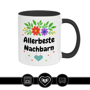 Schwarze Kaffeetasse Allerbeste Nachbarn, farbenfrohes Design mit Blumen, ideales Nachbarschaftsgeschenk von druckerino.de