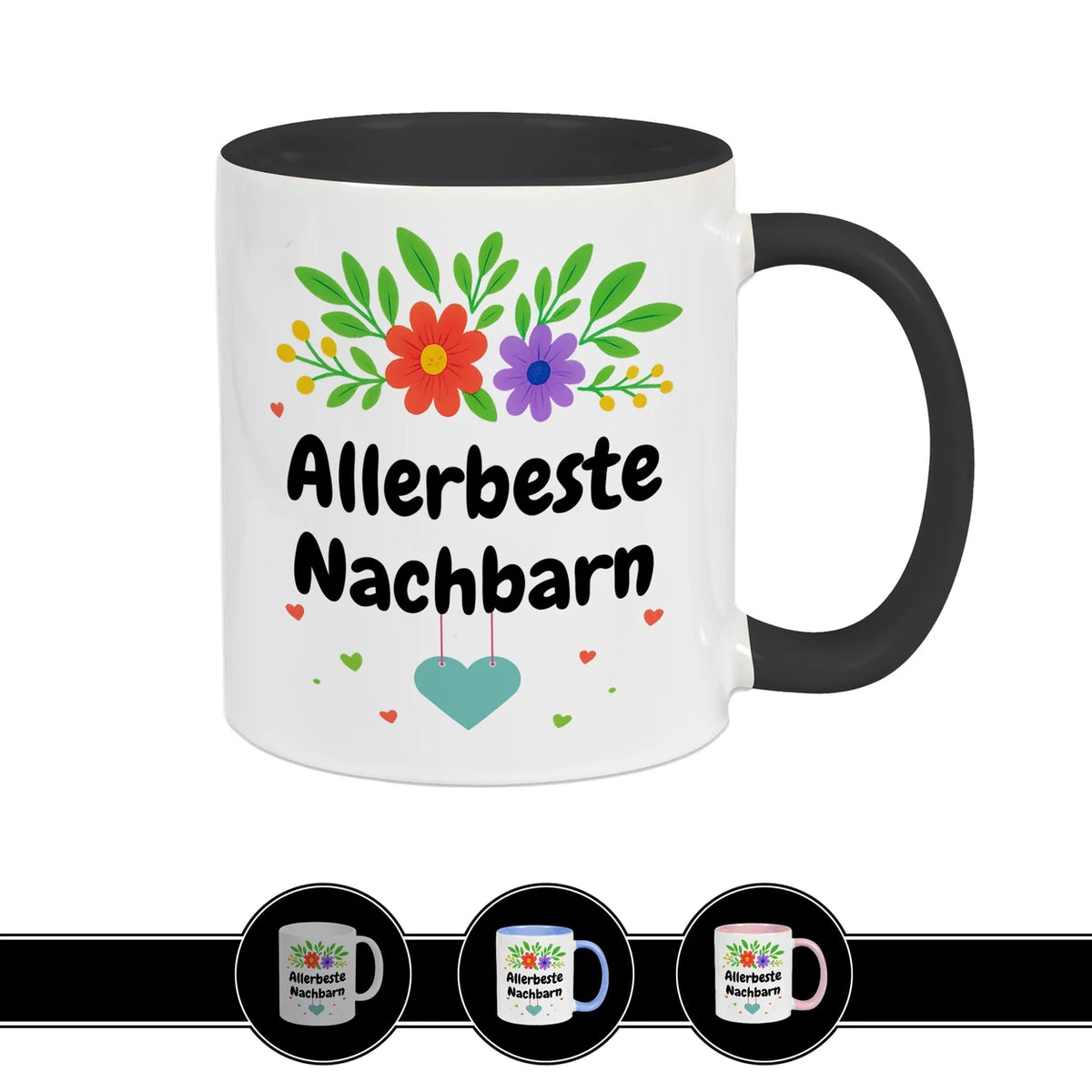 Schwarze Keramiktasse Allerbeste Nachbarn, farbenfrohes Design mit Blumen, ideales Nachbarschaftsgeschenk von druckerino.de