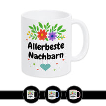 Weiße Tasse Allerbeste Nachbarn mit buntem Blumenmotiv, Geschenkidee für Nachbarschaft von druckerino.de