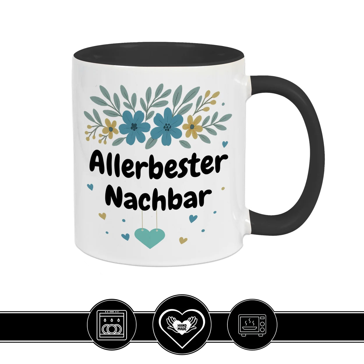 Schwarze Keramiktasse Allerbester Nachbar mit floralem Design in Blau-Grün, Dankeschön Geschenk von druckerino.de