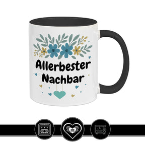Schwarze Keramiktasse Allerbester Nachbar mit floralem Design in Blau-Grün, Dankeschön Geschenk von druckerino.de