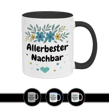 Schwarze Kaffeetasse Allerbester Nachbar mit floralem Design in Blau-Grün, Dankeschön Geschenk von druckerino.de