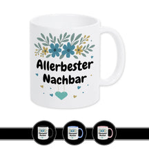 Weiße Tasse Allerbester Nachbar mit Blumenmotiv, Geschenkidee für Nachbarn von druckerino.de