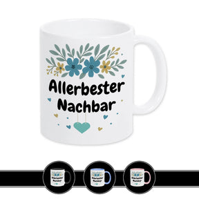 Weiße Tasse Allerbester Nachbar mit Blumenmotiv, Geschenkidee für Nachbarn von druckerino.de