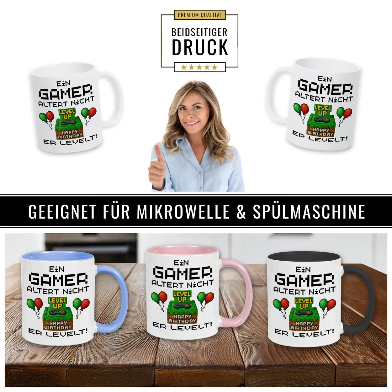 Gaming Tasse Ein Gamer altert nicht er levelt  Geschenk für Zocker spülmaschinenfeste Tasse