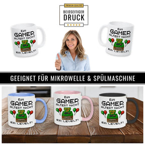 Gaming Tasse Ein Gamer altert nicht er levelt  Geschenk für Zocker spülmaschinenfeste Tasse