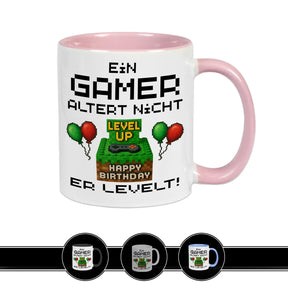 Gaming Tasse Ein Gamer altert nicht er levelt  Geschenk für Zocker Farbe: Rosa