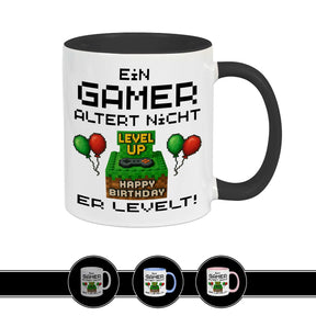 Gaming Tasse Ein Gamer altert nicht er levelt  Geschenk für Zocker Farbe: schwarz