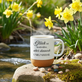 Tasse Glück ist kostenlos, aber dennoch unbezahlbar auf einem Stein am Bach