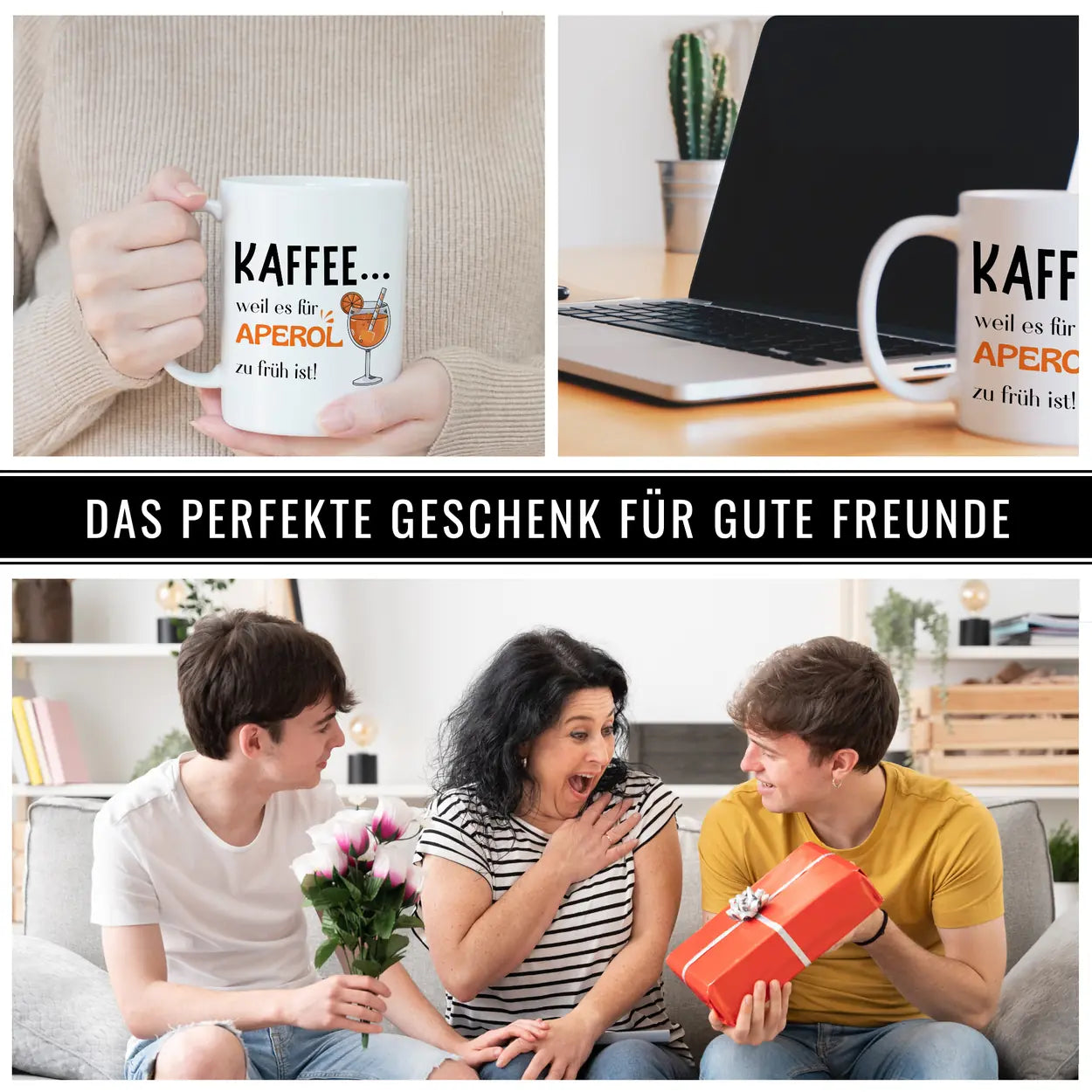 Kaffeetasse mit Spruch Kaffee weil es für Aperol zu früh ist mit Aperol Glas Illustration lustige Geschenkidee für beste Freundin oder Kollegin