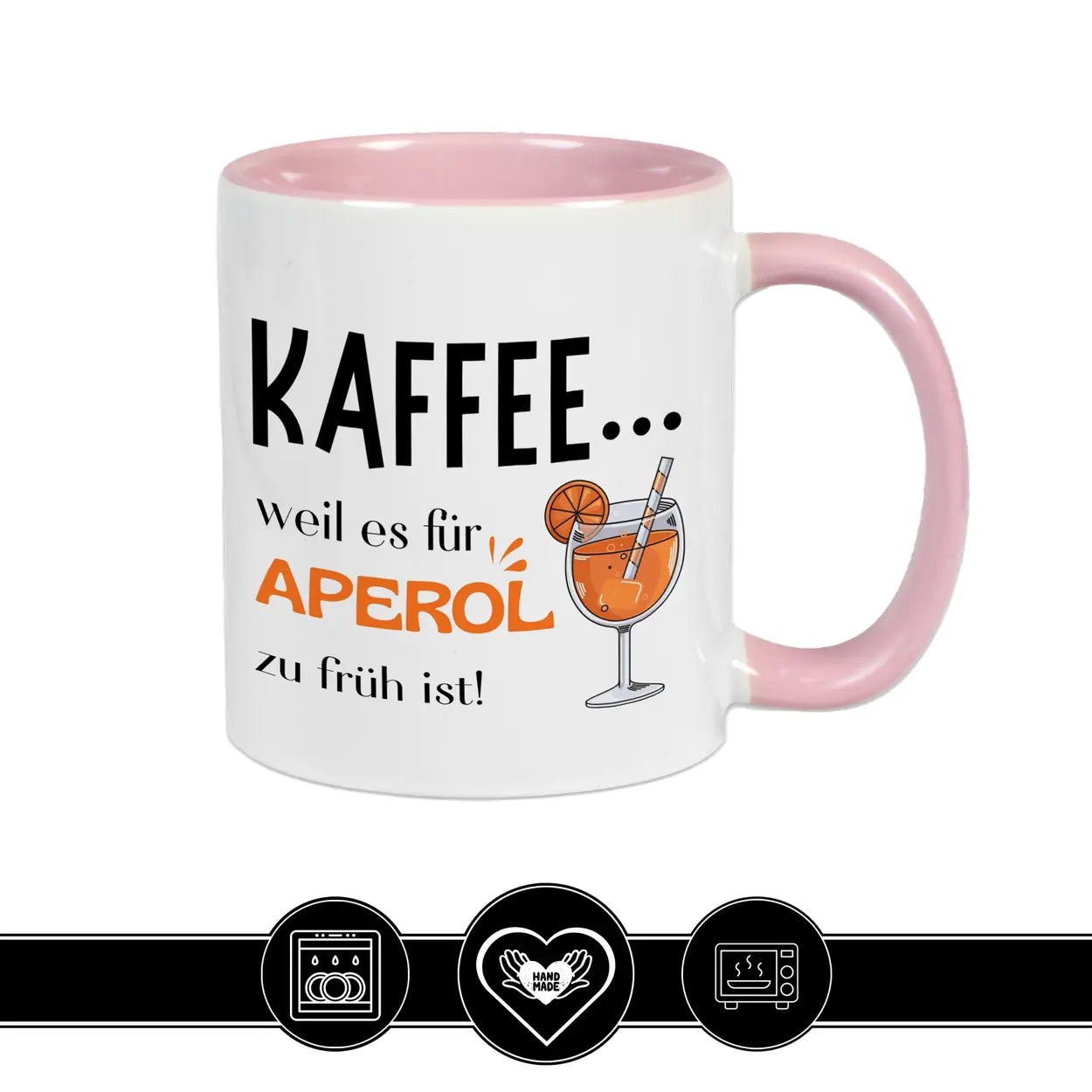 Kaffeetasse mit Spruch Kaffee weil es für Aperol zu früh ist mit Aperol Glas Illustration lustige Geschenkidee für beste Freundin oder Kollegin