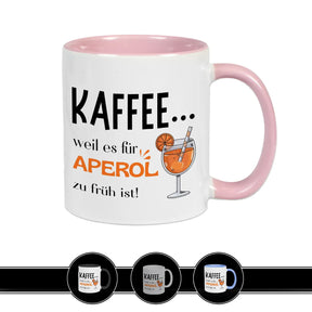 Kaffeetasse mit Spruch Kaffee weil es für Aperol zu früh ist mit Aperol Glas Illustration lustige Geschenkidee für beste Freundin oder Kollegin