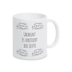 Tasse mit Spruch "Lächeln! Es irritiert die Leute" blah blah blah - Druckerino