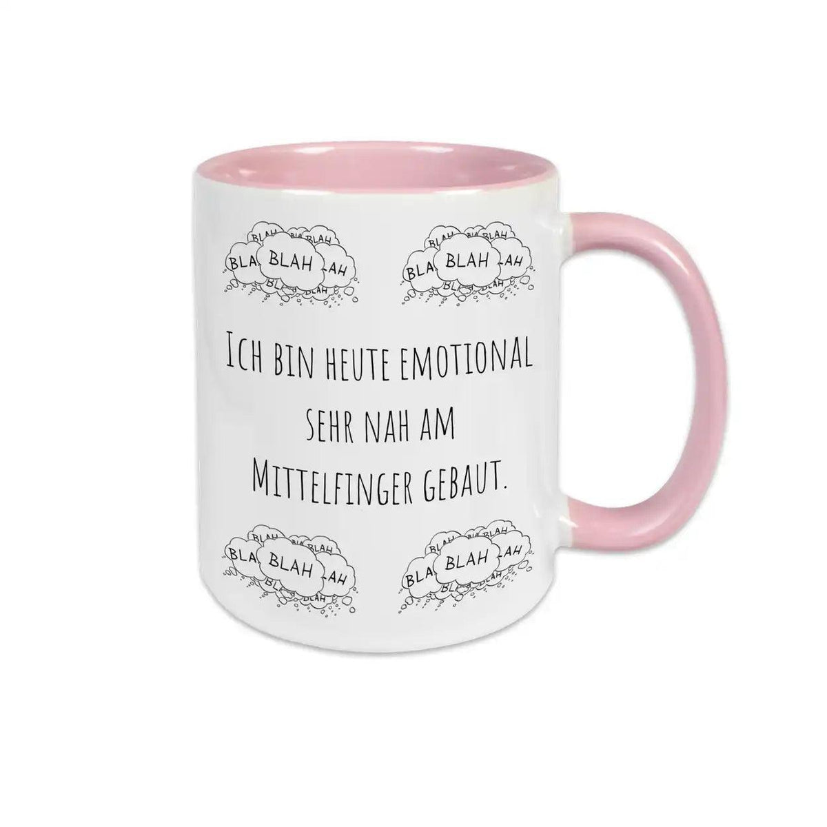Tassen mit Sprüchen "Ich bin heute emotional sehr nah am Mittelfinger gebaut" blah blah blah - Druckerino