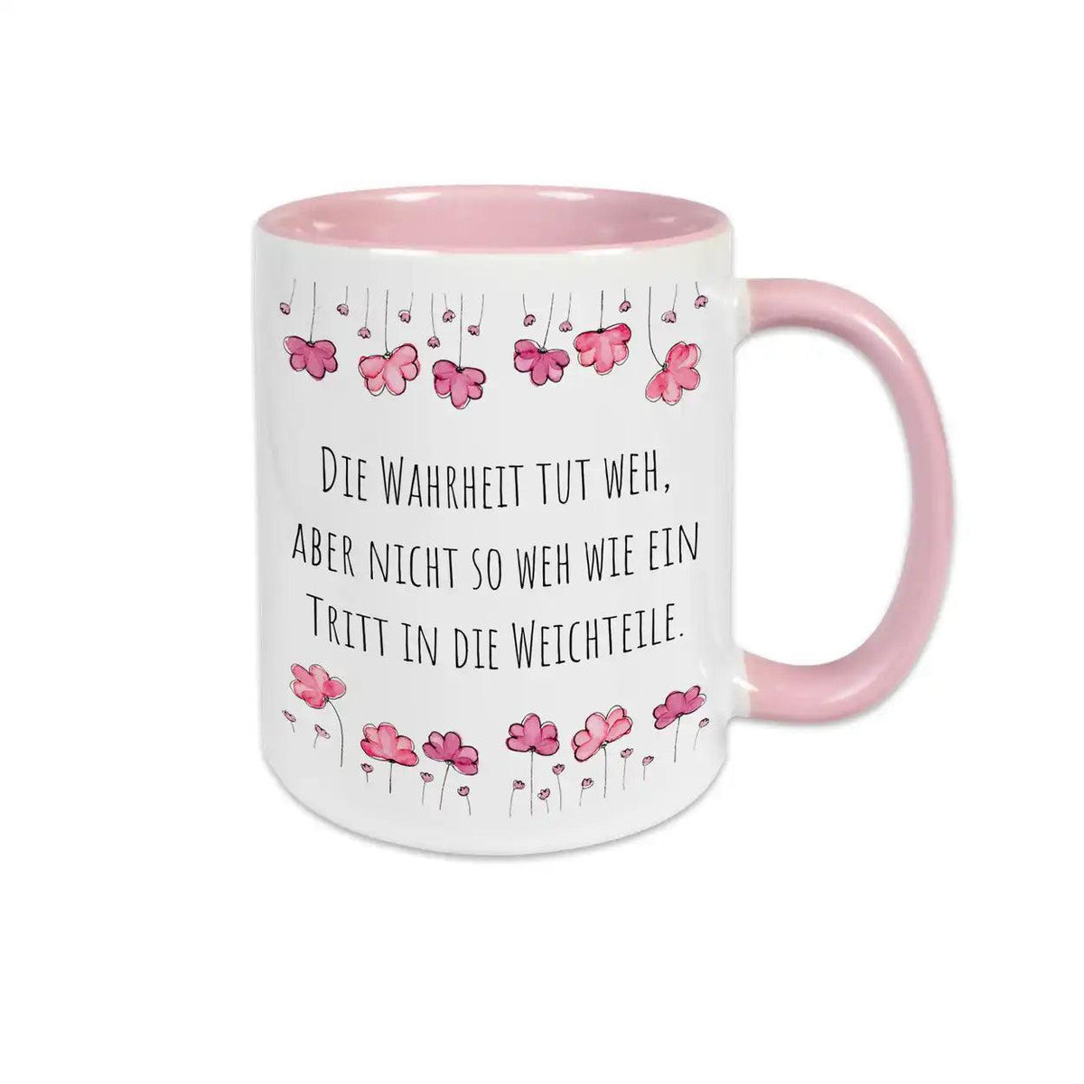 Witzige Tassen "Die Wahrheit tut weh, aber nicht so weh wie ein Tritt in die Weichteile" - Druckerino
